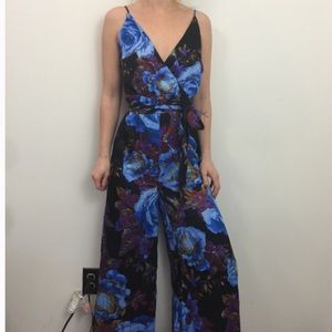 Free People Blue Floral Satin Sleeveless Jumpsuit